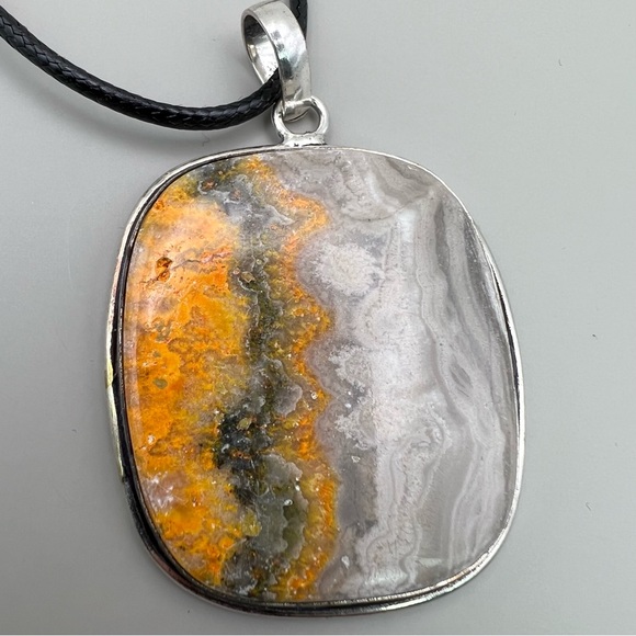 New Bumble Bee Jasper Stone Silver Overlay Pendant Necklace w cord - Picture 1 of 5
